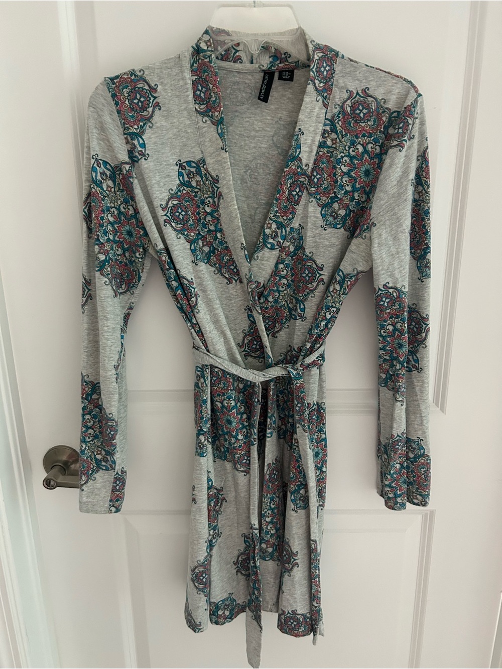 Cynthia Rowley Grey Wrap Dress with Teal and Pink Medallion Print